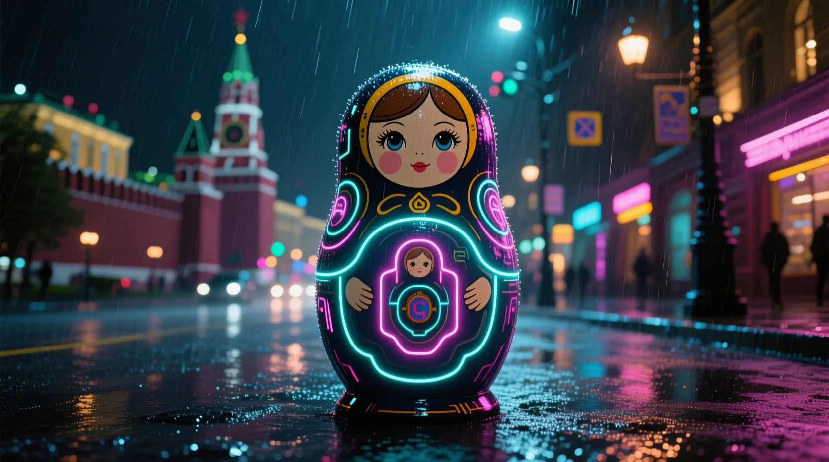 Qwen Image — Матрёшка-киберпанк